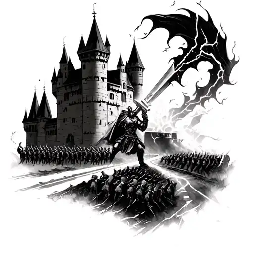 A Castle With A Road And A Army Being Hit By A Lightning Warrior That Holds A Voidforge Sword