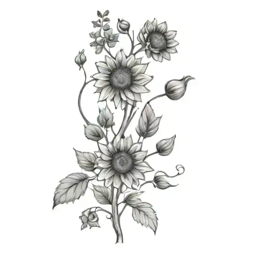 Stem With Very Small Flowerspetals And Sunflowers