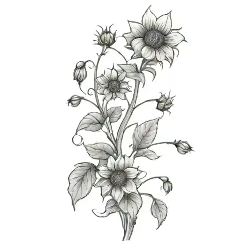 Stem With Very Small Flowers Petals And Sunflowers