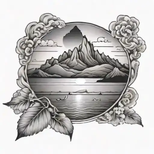 A Black-grey Tattoo Of A Serene Sunset Over The Ocean With Mountains In The Background