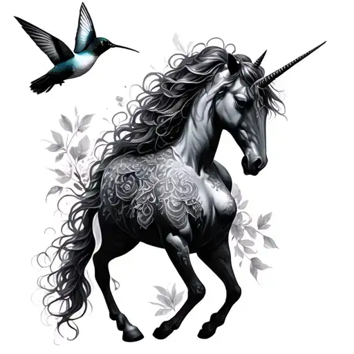 Majestic Unicorn With Hummingbirds And Beautiful Woman