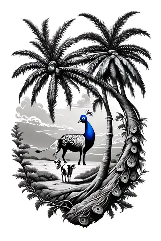 Palmyra Palm Tree With Sky And Peacock With Cow Being Abducted