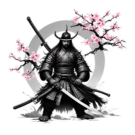 Samurai With Katana Cherry Blossom And Temole