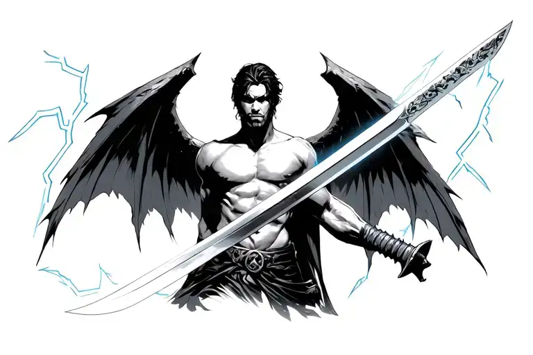 An Arxh Angle With A Sword In One Hand And Lightning In The Background And Shirt Off