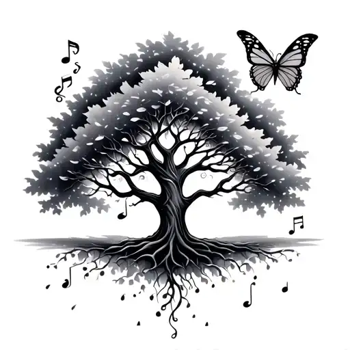 A Black And Grey Tattoo Of A Tree With Butterfly Wings And Musical Notes As Leaves