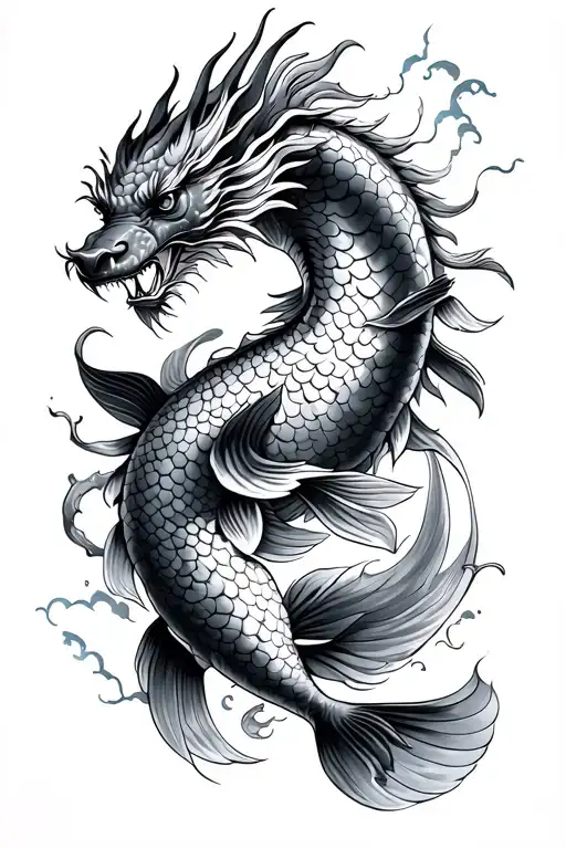 A Chinese Dragon Wrapped Around A Koi Fish Swimming Upstream