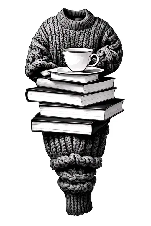 Stack Of 4 Books With Teacup Placed On Top With Half-knitted Sweater In Background