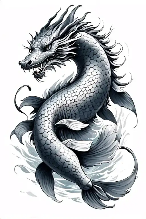 A Chinese Dragon Wrapped Around A Koi Fish Swimming Upstream