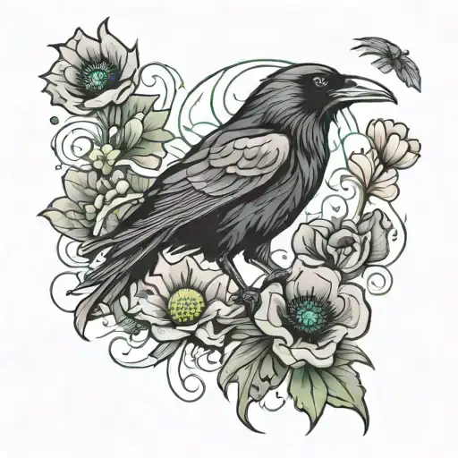 A Raven With Green Eyes Bordered By Poppy Flowers
