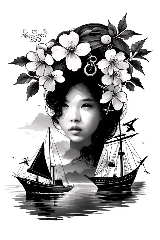 Thigh Tattoo With Cherry Blossom And Travel Element Charms Like Planes And Boats