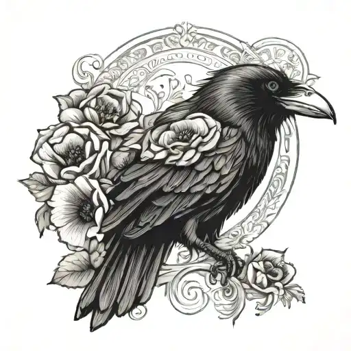 A Raven With Green Eyes Bordered By Red Poppies