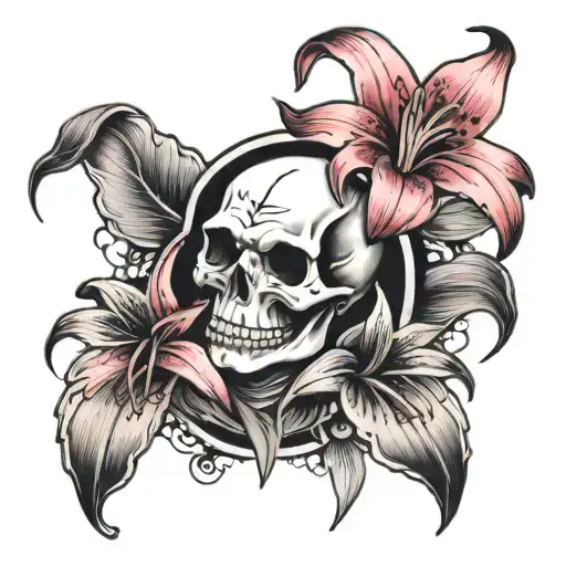 Skull Face And Hands Holding A Pink And White Lilly