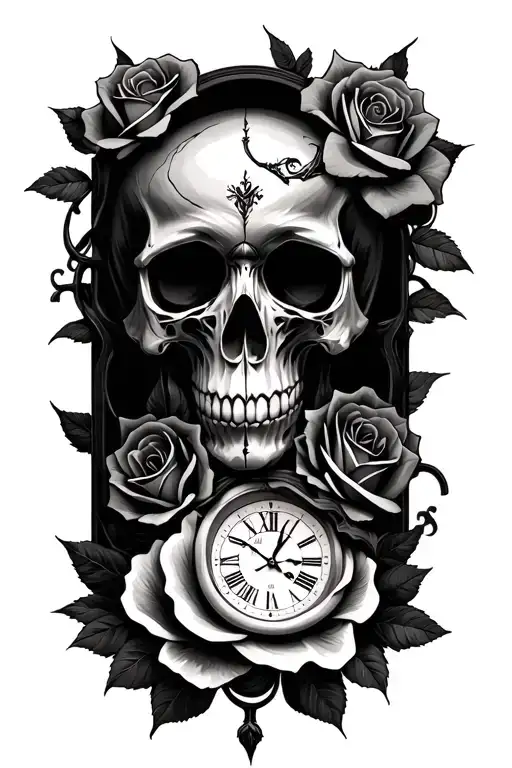 Skull Clock And Roses Tangled