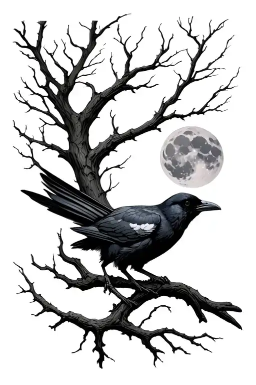 Crow And Tree Branches Stretching Towards The Sky With A Moon In The Back