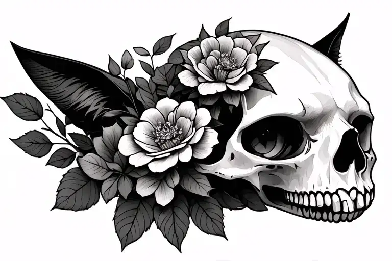 Cat Skull With Flowers And Leaves Sternum Tattoo Design