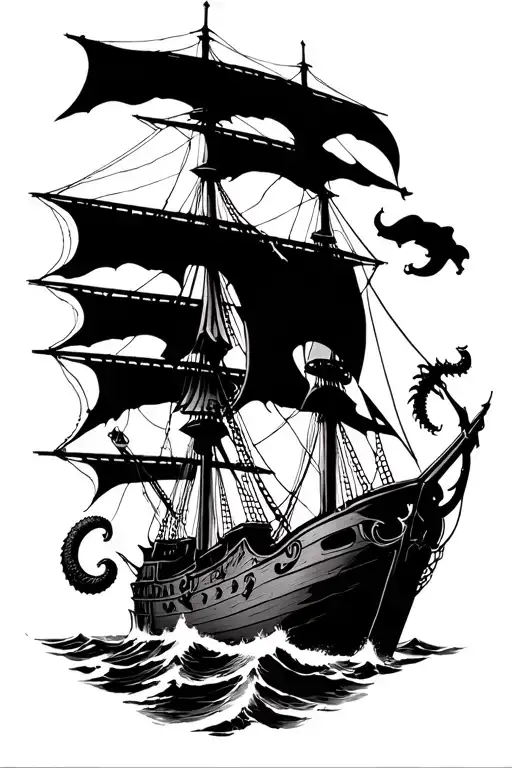 A Old Pirate Ship Fighting The Kraken