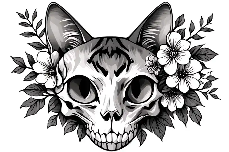 Cat Skull With Flowers Sternum Tattoo Design