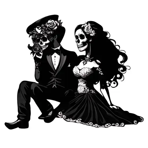 Sugar Skull Bride And Groom Sitting In Front