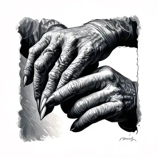 An Old Arthritic Female Hand With Long Fingernails And A Child Hand Holding Its Finger