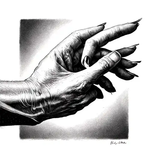 An Old Arthritic Female Hand With Long Fingernails With A Child's Hand Holding Its Finger