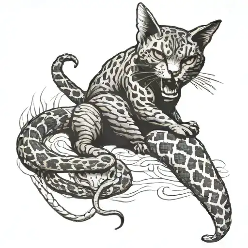 Black Cat With Rattlesnake In Its Mouth