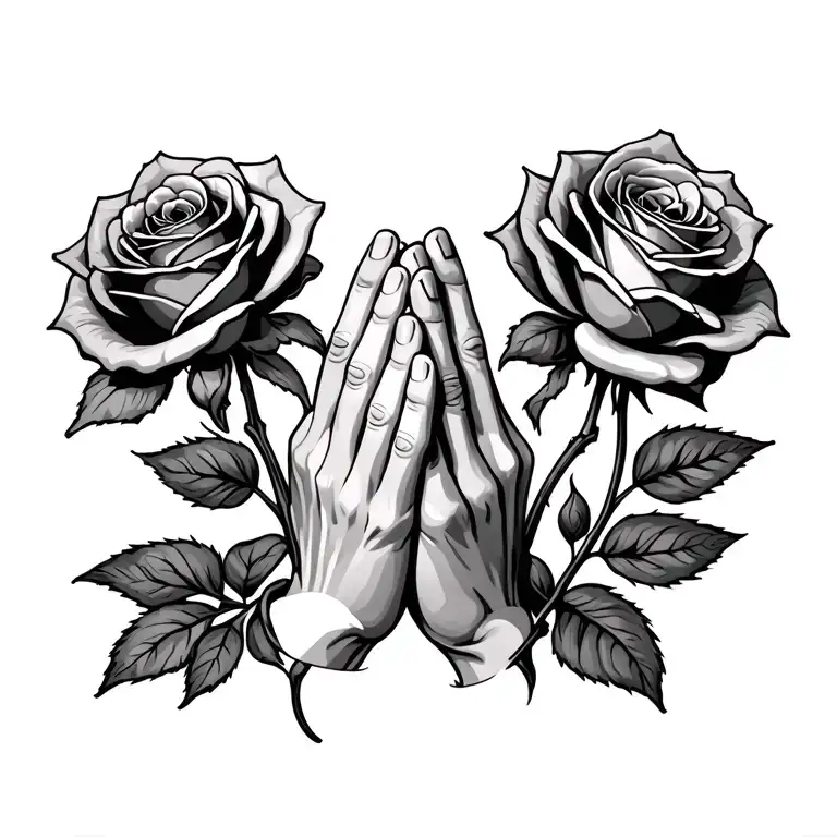 Praying Hands With 5 Roses Blooming