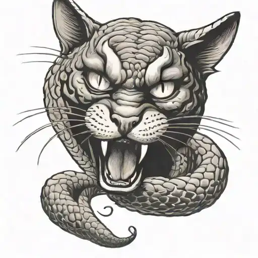 Black Cat With Rattlesnake In Its Mouth Wide Open