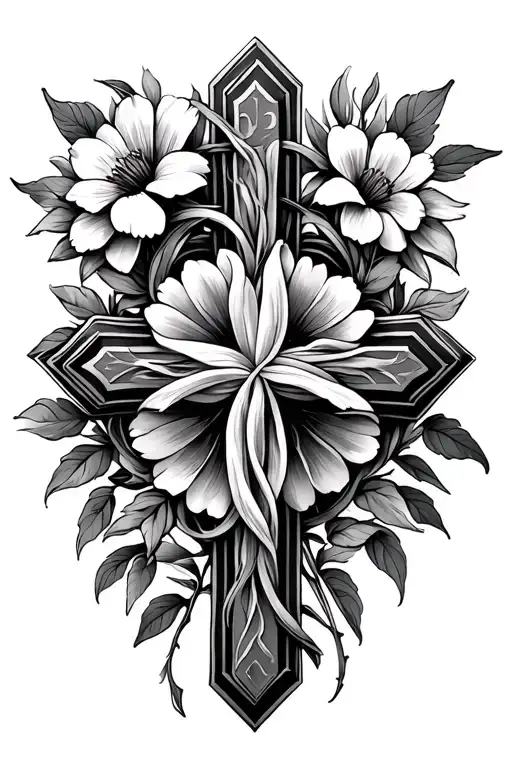 Thin Cross With Biblical Flowers Intertwined