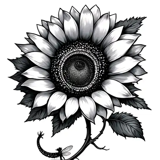 Dragon Fly And Sunflower With Roman Numerals And Petals