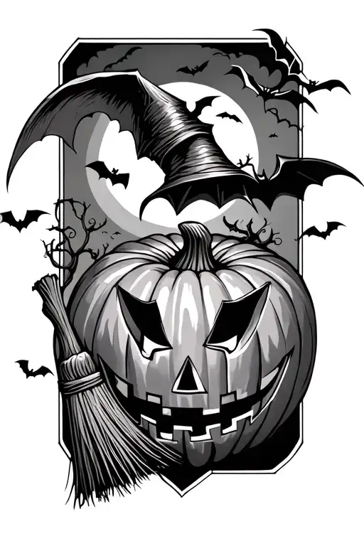 Pumpkin With Broom And Bats