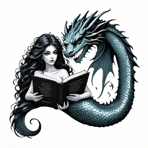 Mermaid Reading Book With A Dragon
