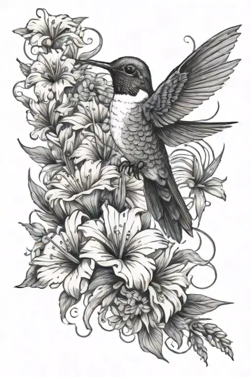 Hummingbird With Daisy And Gladiolus Flowers