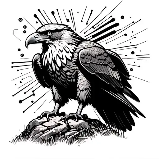 Eagle Standing On A Rock Over A Field Of Circuit Board Leads In A Sketch Style