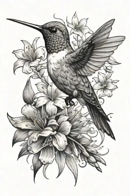 Hummingbird With Daisy And Gladiolus Flowers