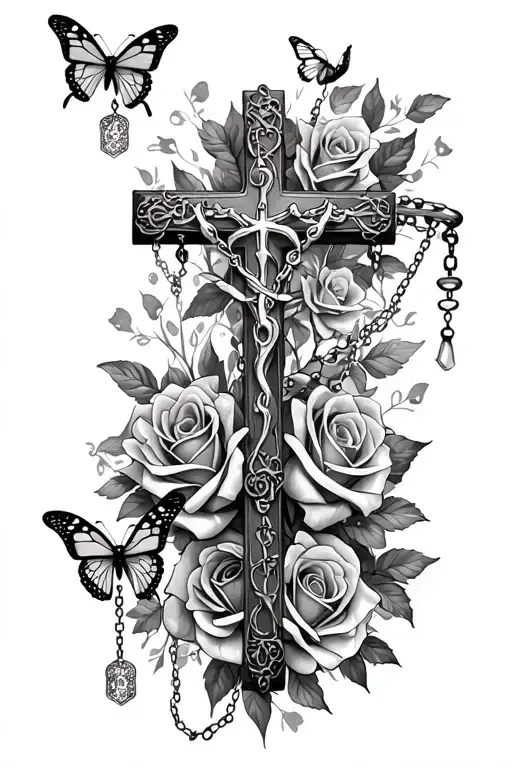 Long Tattoo Going Down And Rosary Beads Attached To Cross Roses And Butterflies Randomly Placed