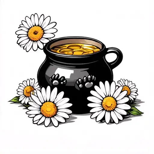 Two Dog Paws And A Pot Of Honey And A Daisy