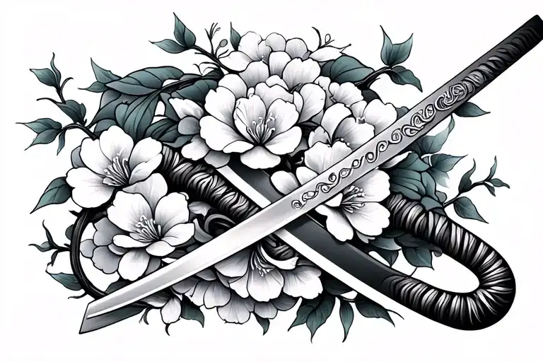 Cherry Blossoms Samurai Sword Intertwined