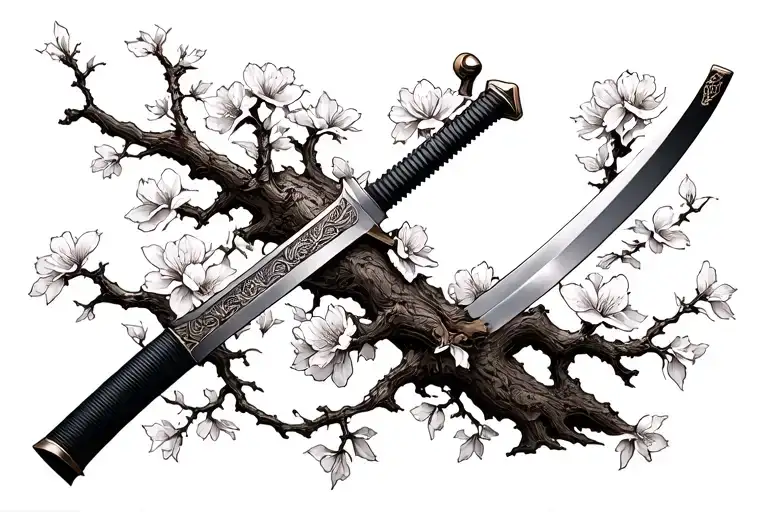 Cherry Blossom Samurai Sword Thick Branch Surrounded