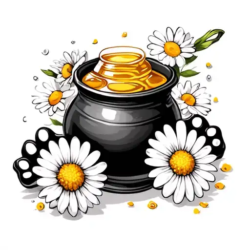 2 Dog Paws And A Pot Of Honey And A Daisy Flower