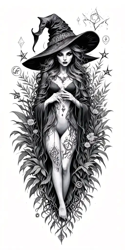 A Witch's Familiar Surrounded By Mystical Runes And Plants Scary