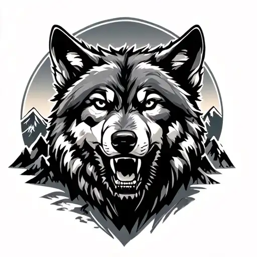 Growling Wolf And Mountains