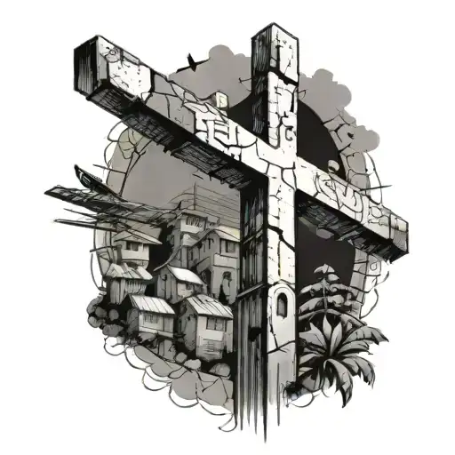 Christian Cross Surrounded By Favela In Brazil
