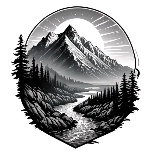 Moutain Range With Winding River Along With Fire And Sun Coming From The Mountains