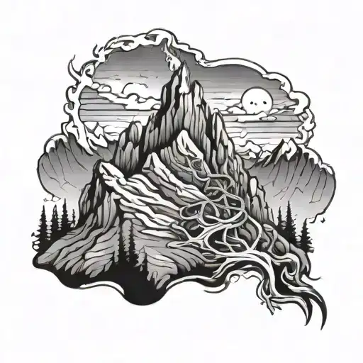 Mountain Peak With Fire Flames And Skeleton Climbing
