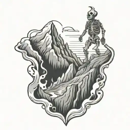 Mountain Peak With Fire Flames And Skeleton Climbing