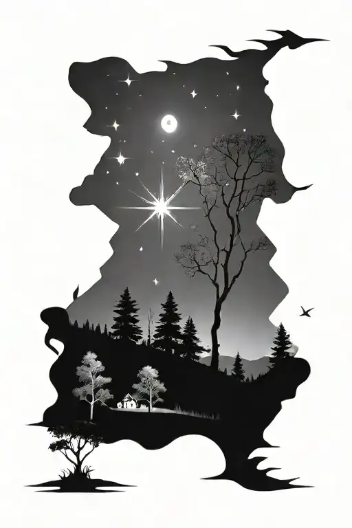Night Landscape With Trees And Shooting Star