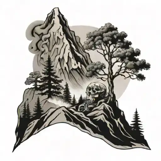 Mountian Peak With Burning Bush On Top And A Skeleton Climbing The Mountain