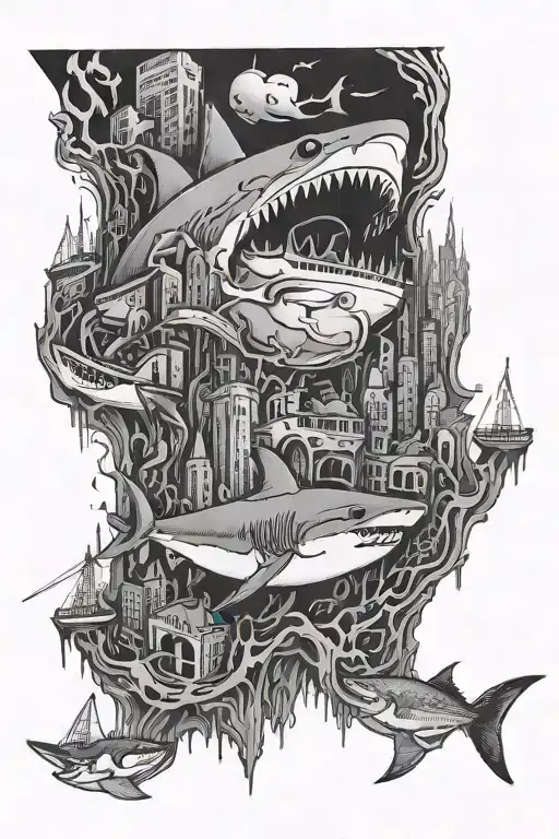 City Inside A Shark's Stomach For Left Arm Black Ink Only