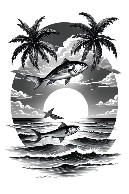 Tropical Beach With Clouds Sunset And Lost Fish In The Ocean