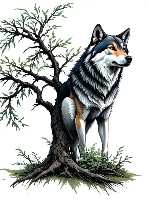 Willow Tree With A Wolf Underneath It Looking Back Over Its Shoulder